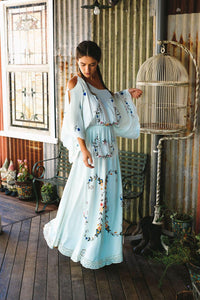 V-neck Color Embroidery Long Sleeve Bohemian Maxi Long Dress