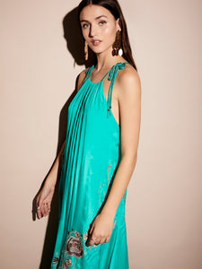 Bright COLOR Embroidered Flower Satin Bohemian Halter Dress