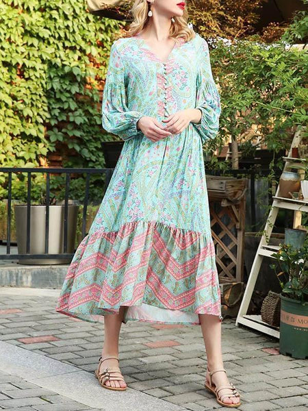 Bohemia Floral V Neck Long Sleeve Maxi Dress