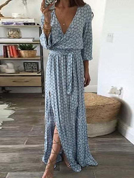 Mid Sleeve Floral Sexy V-neck Wide Hem Long Dress