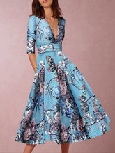 Load image into Gallery viewer, Floral Print V Neck Pleated Midi Dress