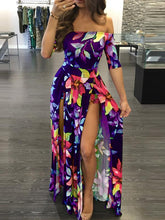 Load image into Gallery viewer, Boho Floral Print Off Shoulder Side Slit Maxi Dress