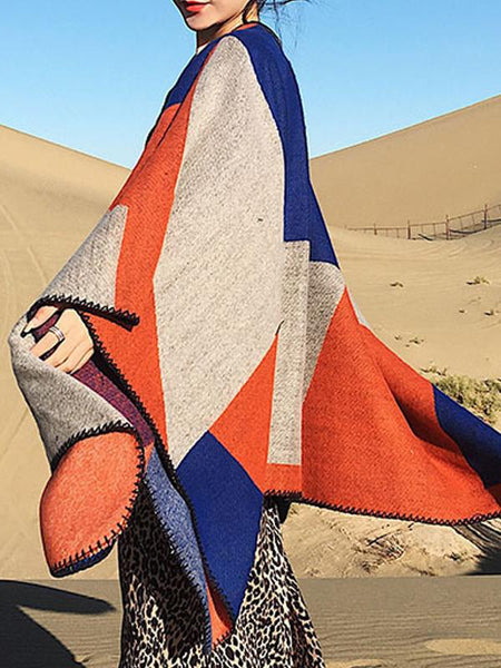 Oversized Thickening Winter Color Block Cloak Shawl