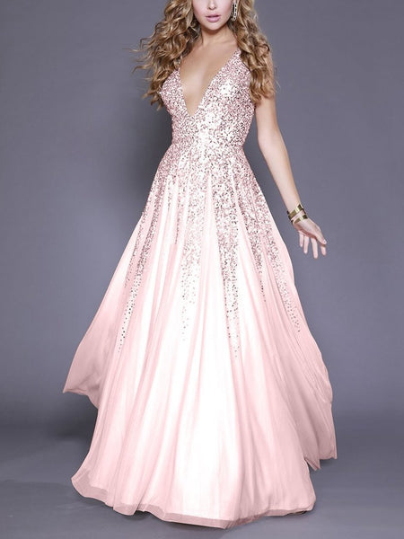 Pink V Neck Sleeveless Sequin Evening Dress