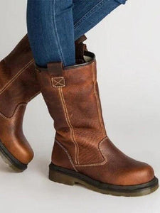 Casual Block Heel Round Toe Brown Boots