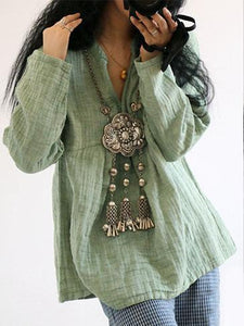 Solid Color Long Sleeve Linen Cotton Loose Tops Blouse