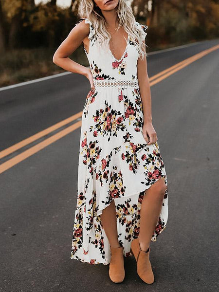 Floral Print V Neck Sleeveless High Waist Irregular Maxi Dress