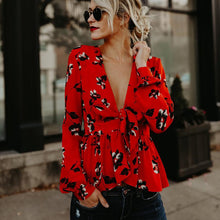 Load image into Gallery viewer, Floral Red Long Sleeve V-Neck Autumn Shirt Tops