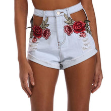 Load image into Gallery viewer, Floral Embroidery Ripped Denim Jeans Cut shorts