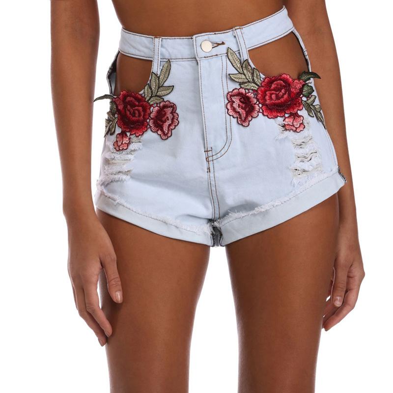Floral Embroidery Ripped Denim Jeans Cut shorts