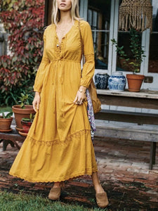 Yellow V Neck Long Sleeve Bohemia Maxi Dress