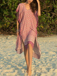 Casual Boho Bat Sleeve V Neck Summer Beach Midi Dress