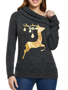 Christmas Deer Printed Heap Collar Long Sleeve Hoodie
