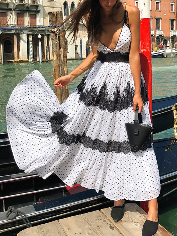 Sexy V-neck Polka Dot Spagetti Strap Lace up Summer Maxi Dress