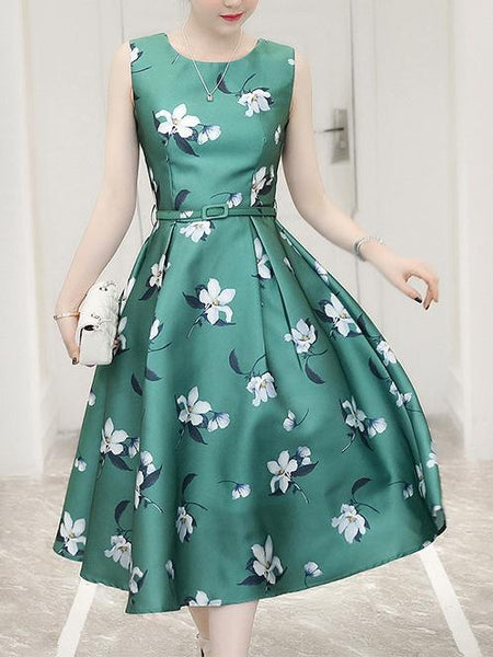 Floral Sleeveless Belted Midi Dress