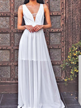 Load image into Gallery viewer, White Deep V Neck Sleeveless Chiffon Evening Maxi Dress