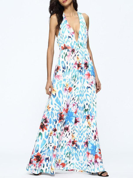 Floral Print Sleeveless Deep V Neck Bohemia Maxi Dress