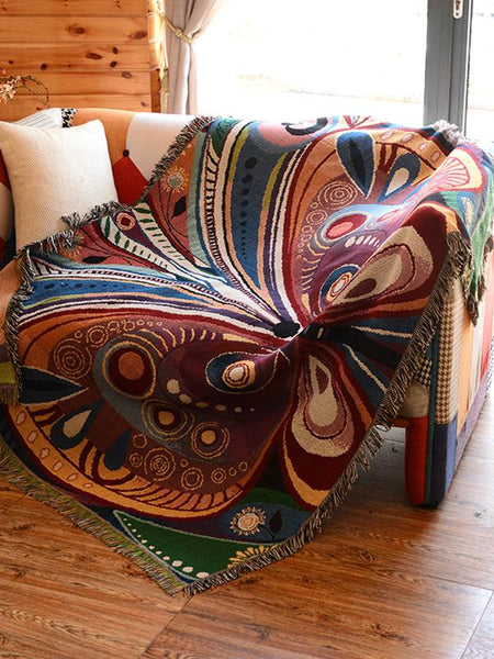 Versatile Colorful Jacquard Butterfly Tassel Cotton Throw Blanket