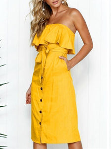 Off Shoulder Button Solid Color Summer Midi Dress