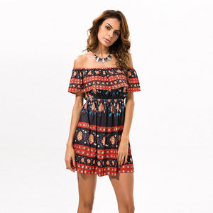 Off shoulder Tribal Floral Summer High Waist Beach Sexy Mini Dress