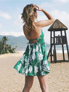 Sweet Bohemian Lace-up Backless Floral Green Mini Dress