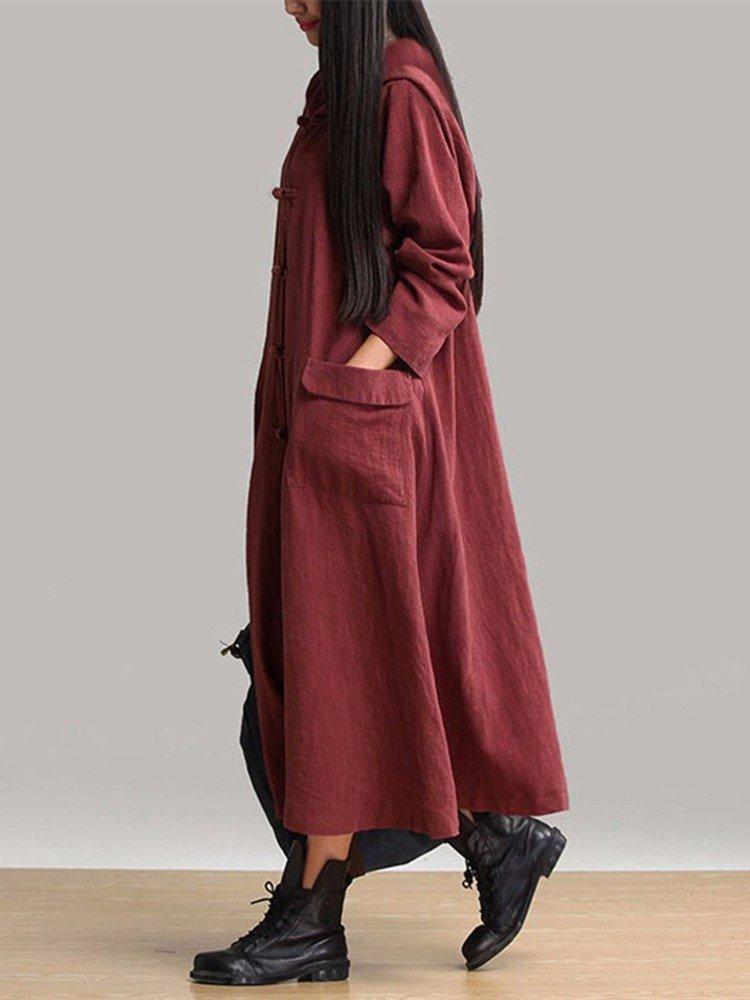 Gracila Women Vintage Plate Buckles Long Sleeve Hooded Long Maxi Dresses