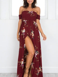 Flower Print Sleeveless Off-the-Shoulder Front Dress