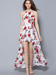 Halterneck Pleated Split-Front Floral Print Maxi Bohemian Dress