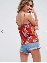 Load image into Gallery viewer, Spaghetti Neck Red Floral-Print Vest T-Shirt Tops