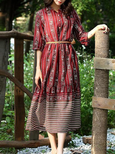 Red Half Sleeves Midi Beach Bohemia Dress