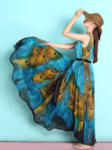 Popular Peacock Floral-Print Slim Fit Chiffon Beach Vacation Big Hem Bohemia Bottom Dress