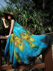 Popular Peacock Floral-Print Slim Fit Chiffon Beach Vacation Big Hem Bohemia Bottom Dress