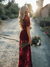 Load image into Gallery viewer, Pretty Sexy Lace Solid Color Short Sleeve Deep V Neck Side Split Maxi Dress
