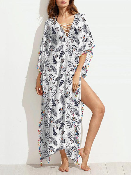 Fashion Tassel Floral-Printed Round Neck Short Sleeve Loose Kaftan Dress