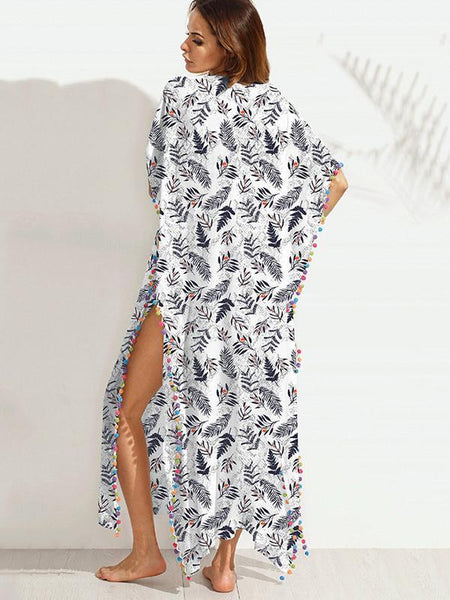 Fashion Tassel Floral-Printed Round Neck Short Sleeve Loose Kaftan Dress