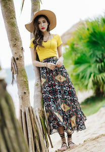 Beautiful Floral-Printed Chiffon Skirt And Solid Color T-Shirt Two-Piece Suits