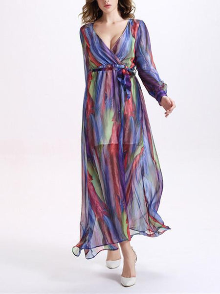 Beautiful Colorful Stripes Long Sleeve Deep V Neck Maxi Dress