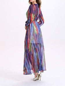 Beautiful Colorful Stripes Long Sleeve Deep V Neck Maxi Dress
