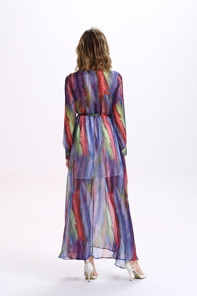 Beautiful Colorful Stripes Long Sleeve Deep V Neck Maxi Dress