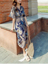 Load image into Gallery viewer, Retro Chiffon Printed Short Sleeve V Neck Bohemia Beach Dress