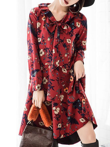 Retro Red Floral-Printed Long Sleeve Fabala Neck Bohemia Dress