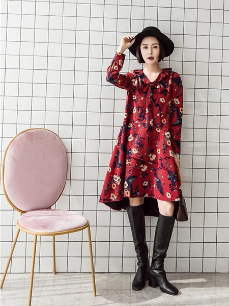 Retro Red Floral-Printed Long Sleeve Fabala Neck Bohemia Dress