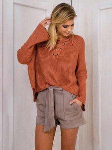 Asymmetric Solid Color V-neck Lace-Up Loose Sweater Tops