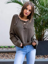 Load image into Gallery viewer, Asymmetric Solid Color V-neck Lace-Up Loose Sweater Tops