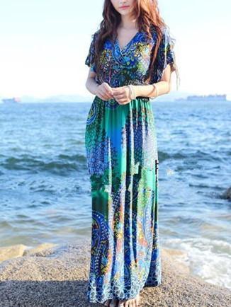 Bohemia Floral-Printed Short Sleeve V Neck Waisted Beach Long Dress