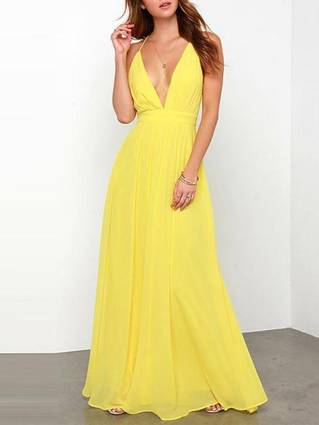 Simple Deep V-neck Backless Sleeveless Bohemian Maxi Dress