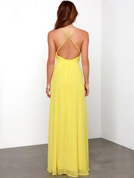 Simple Deep V-neck Backless Sleeveless Bohemian Maxi Dress