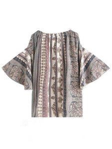 Printed Off-the-shoulder Flared Sleeves Bohemia T-Shirt Tops