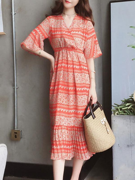 Fashion Floral-Printed Flared Sleeve V-neck Falbala Hemline Maxi Dress