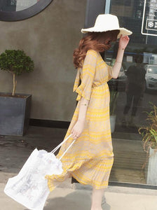 Fashion Floral-Printed Flared Sleeve V-neck Falbala Hemline Maxi Dress
